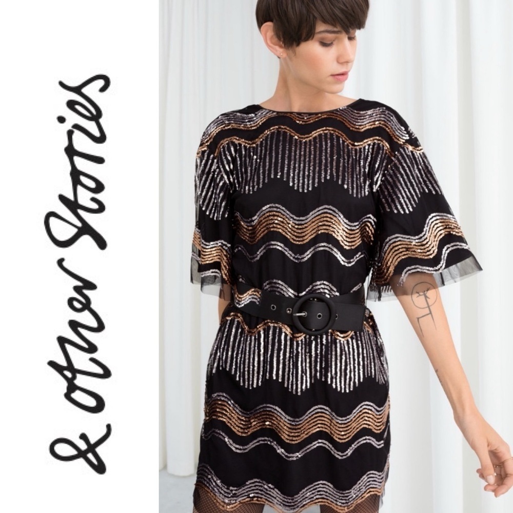 & Other Stories Holiday Sequin Short Sleeve Tulle Party Dress